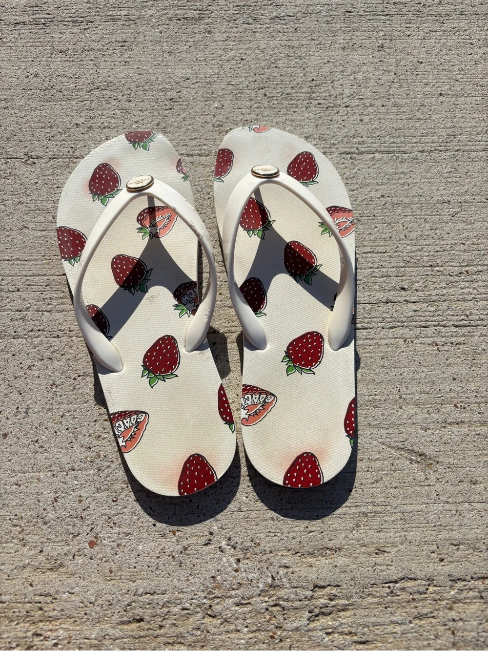 Coach Strawberry Print Cream Flip Flops